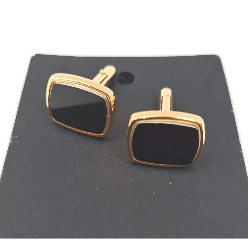 Vintage Men's Cuff Links Black Gold Tone Formal Casual Wedding Office Business